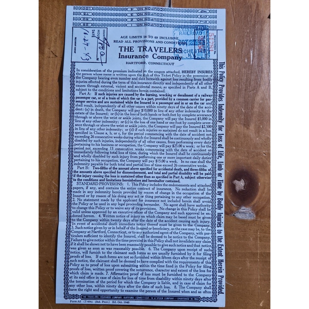 The Travelers Ins. Co. Plan Policy & Envelope dated October 1943